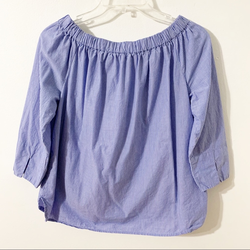 Beach Lunch Lounge Cotton Off the Shoulder Striped Blouse 3/4 Long Sleeves 💙🤍